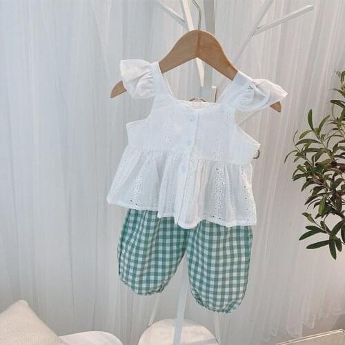 1-6T Baby Girls Suit Summer Hollow Out Sleeveless Top+check Pants Fashion Cute Two Piece Set Toddler Boy Clothes Childrens suit