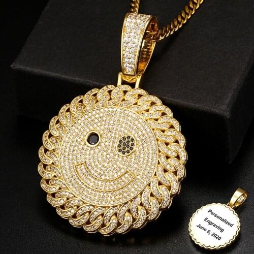 Smiley Face Pendant Necklace Mens Hip Hop Jewelry Zircon Micro Pave With CZ Cubic Pendant Personality Engraved Name Gift