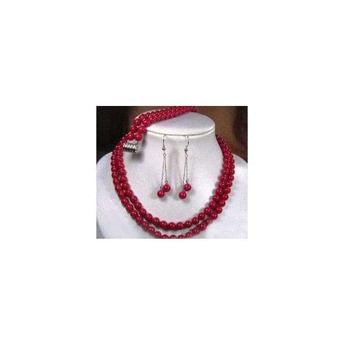 Lovely nice bridal jewelry 2 rows Tibet red coral necklace earring bracelet set woman word wholesale