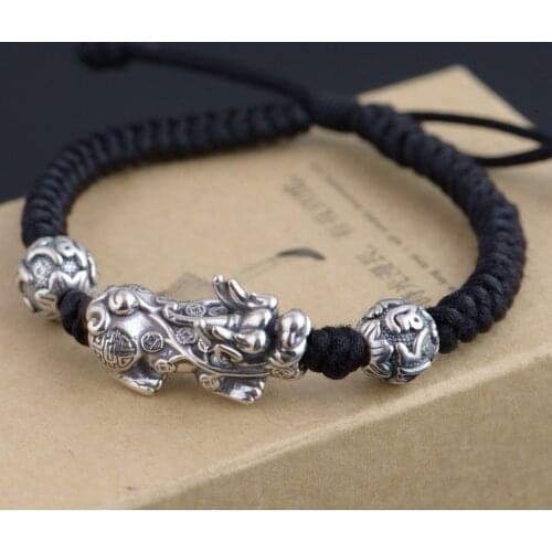 Handmade 999 Silver Pixiu Bracelet 3D Silver Wealth Pixiu Beaded Bracelet Tibetan Six Words Proverb Beads Bracelet Good Luck