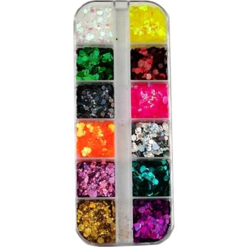 12 Grids Hexagon Nail Glitter Powder Holographic 3D Sparkly Paillette Flakes Shining Charm Art Sequins