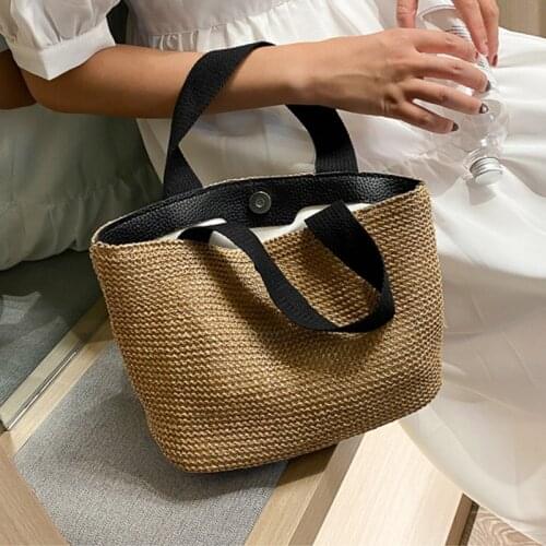 Straw Bucket Bags For Women 2021 Summer Handbags Lady Travel Purses and Shoulder Bags Female Handbags Solid color Simple Bag