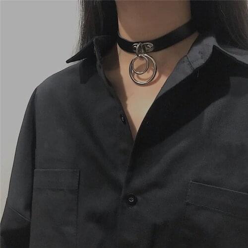 Leather Gothic Double Round Charm Choker Necklace Women Punk Vintage Collar Necklace Pendant Harajuku Dark Streetwear Jewelry
