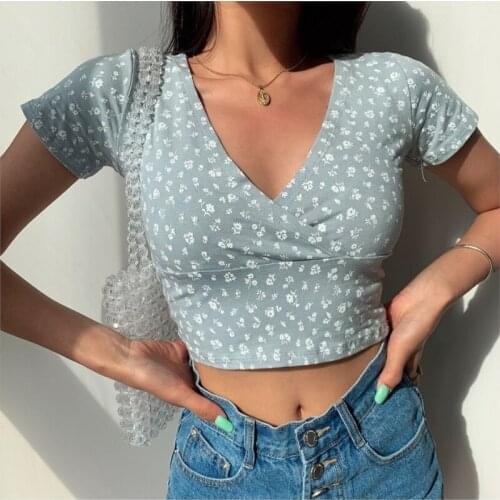 Vintage Chic Women Slim Short Crop Top 2021 New Stylish V-Neck Floral Print T Shirt Casual Summer Shirts Camiseta