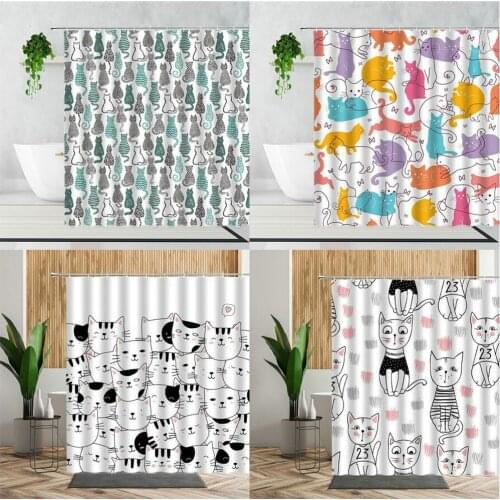 Creative Black And White Cat Shower Curtain Cute Cartoon Animal Childrens Bathroom Decoration Waterproof Fabric Bath Curtains