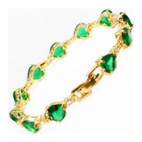 Green Cubic Zirconia Heart Yellow Gold Plated Crystal Link Clasp Bangle Bracelet