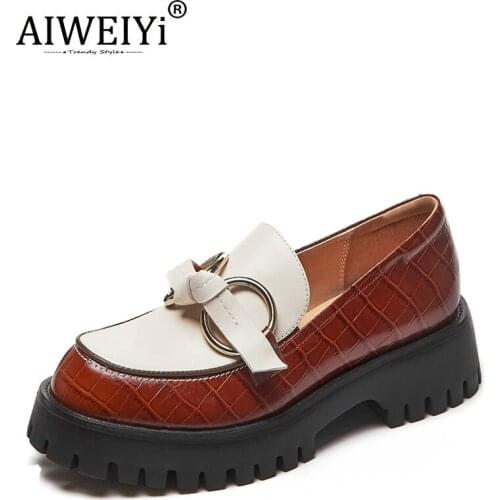 AIWEIYi Leather Shoes Woman Thick Sole Round Toe Buckle Design British Style Leather Shoes Slip On Retro Brogue Loafer Shoes
