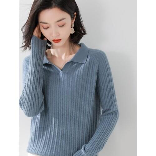Ladies pullover 2021 winter new casual solid color 100% wool sweater oversized lapel cashmere sweater thickened womens top