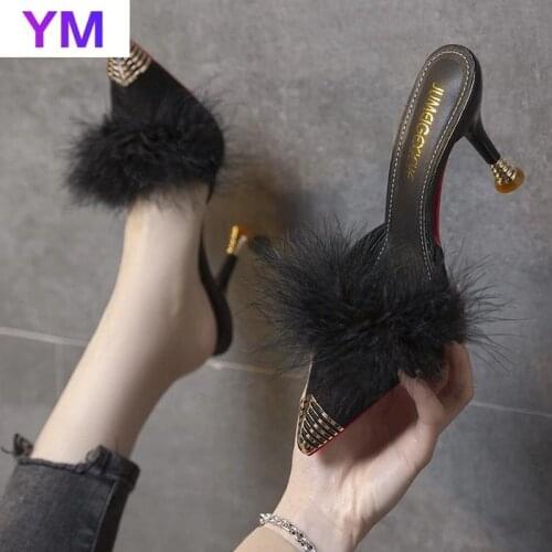 2021 Hot New Womens Sandals For Women and Ladies Feather Transparent Crystal Fur Thin High Heel Pointed Toe Sandals Women Pumps