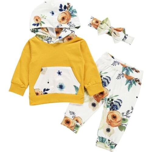 3PCS Toddler Baby Girl Clothes Floral Hooded Tops Long Pants Winter Outfits Set Long Sleeve Shirt Floral Pants Trouser Girl