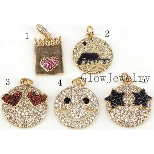 5Pcs ,New Fashion CZ Micro Pave Black Five Star Red Heart on Round Coin Pendant,Gold Filled Face Charm, Necklace Bracelet Charm