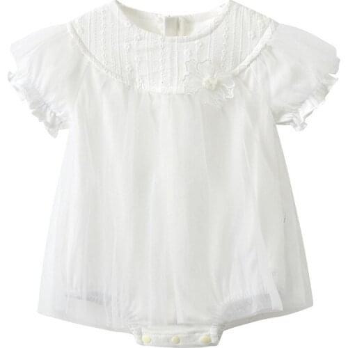 Summer baby princess dress white flowers romper short-sleeved embroidered soft yarn skirt full moon hundred days Birthday girl