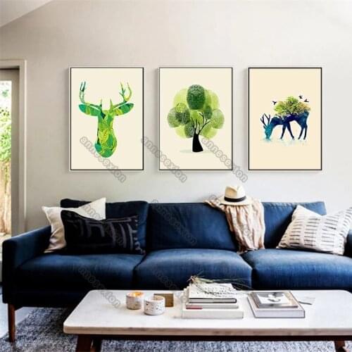 Modern Style Canvas Painting Poster and Print Art Green Plants Shaped Deer Trees for Living Room Bedroom Gallery Wall Decoration