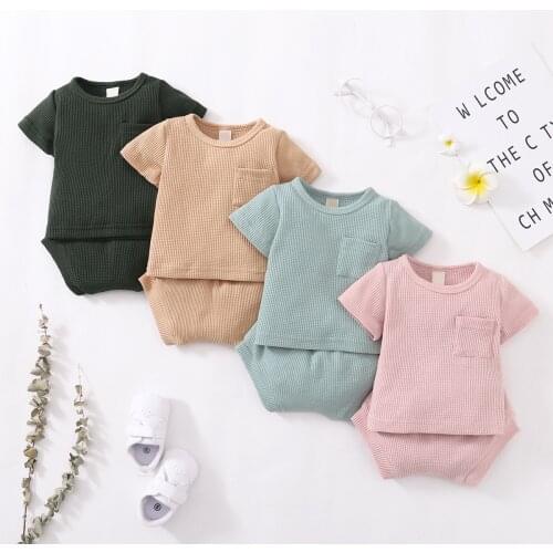 2021 Baby Summer Clothing Set Infant Baby Girls Boys Waffle Outfits Solid Color Short Sleeve T Shirt+Shorts 2Pcs Outfits Set