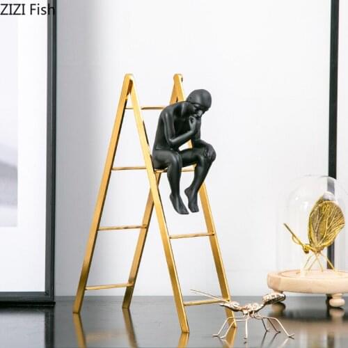 Creative Golden Ladder Crafts Resin Black Thinker Sculpture Art Abstract Character Statue Statuette TV Cabinet Living Room Decor