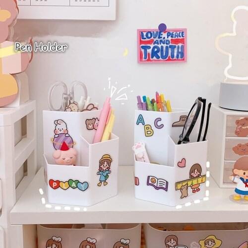 MINKYS New Arrival 3 Grid White Pen Holder With 1PC DIY Sticker Desktop Organizer Large Capacity Pencil Box School Stationery