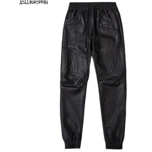 Men Faux Leather Biker Pants Drawstring Elastic Waist Black Jogger Pants Mens Slim Fit Motorcycle PU Trousers