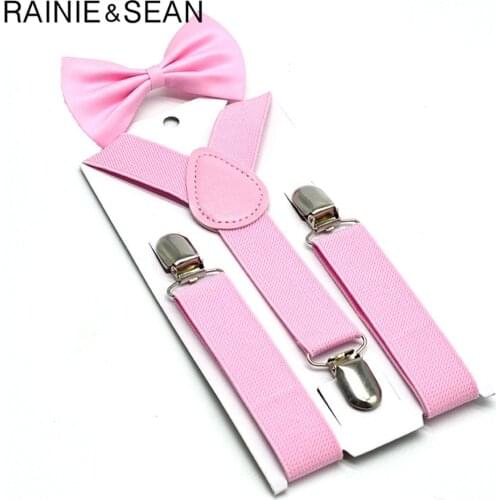 RAINIE SEAN Pink Kids Suspenders Bowtie Set Solid Children Suspender Dress Wedding Baby Girls Braces