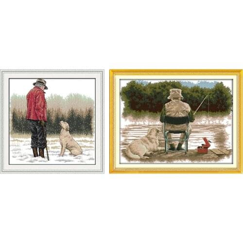 The Old Man and His Dog Cross Stitch Kits Stamped Patterns Counted Decoration Thread 11CT 14CT Printed Embroidery Needlework Set