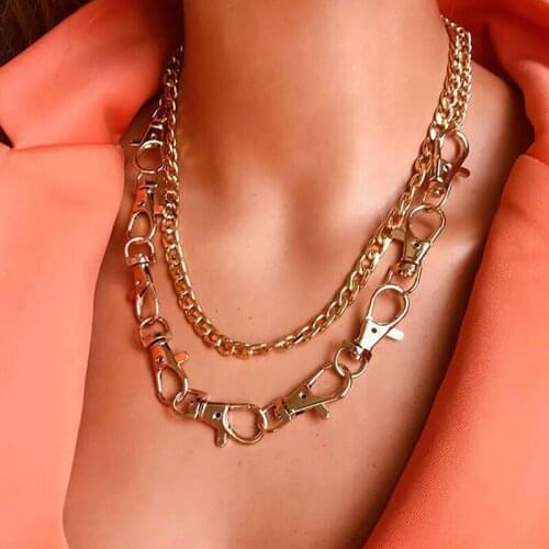 Women Double Layer Choker Necklace Fashion Punk Chunky Chain Hip Hop Necklace Key Hook Jewelry Accessories