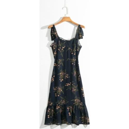 Summer womens dress casual flower print ruffled decorative slim strap dress Vestidos