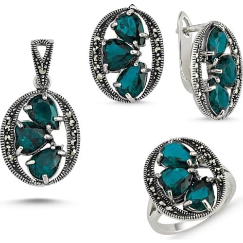 Silver 925 Sterling Marcasite Pendant Earring & Ring Set