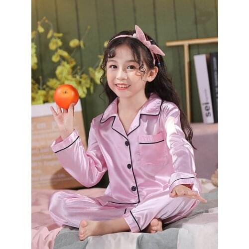 Pajamas silk Spring Autumn Children Satin Pajamas Sets Kids Girls Solid Silk Long Sleeve 2 Pieces Tops+Pants Sleepwear Pyjama