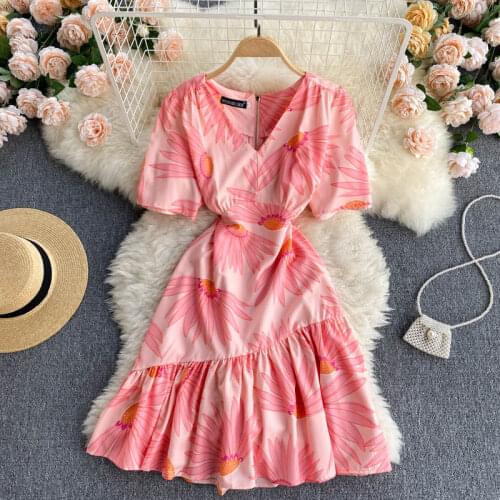 SINGREINY Women Korean Sweet Print Dress Short Sleeve V Neck Ruffle A-line Dresses 2021 Summer Fashion Streetwear Short Sundress