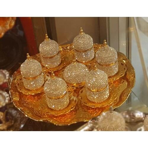 Handmade Turkish Golden and Crystal Desing Coffee Cups and Saucers Serving Set Best for Home Decor Demistasse