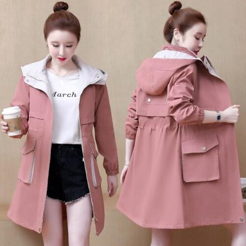 2021 Spring Autumn Mid-Length Windbreaker Women Fashion Hooded Vintage Long Sleeve Baseball Jacket Female Clothes Casual H1380