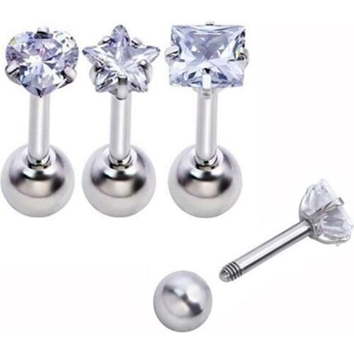 Free Shippment 20PCS Body jewelry-Ear Stud Tragus/Helix Bar/Stud AAACZ Gems Prong set Round/Square/Triangle/Star/Heart All Clear