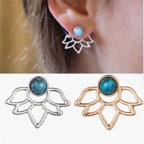 New Unique Design Retro Green Stone Lotus Petals Hollow Leaf Earrings For Women Hot Fashion Jewelry Vintage Earring