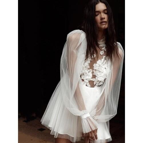 Sexy Short Wedding Dress Lace 3D Flowers Boho High Neck Wedding Gowns Illusion Puff Long Sleeve Bridal Dresses for Beach 2021