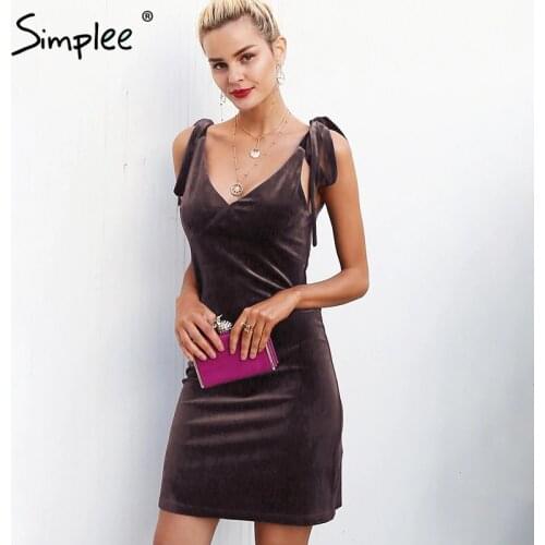 Simplee Strap tie up velvet dress women V neck casual short winter dress female Wine red mini dresses Christmas robe femme