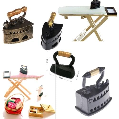 1: 12 Dollhouse Miniature Iron with Ironing Board Metal Black Iron Clothes Tool Urniture Furniture Dollhouse Room Girls Gift Toy
