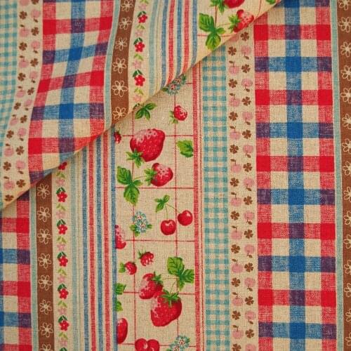 110cmx50cm Cotton Linen Fabric for handmad, bed, bag, - Stripe - Strawberry, Cherry, Apple and Lattice - blue (LF336)