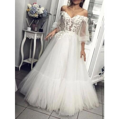 2021 Long Off Shoulder Appliques Wedding Dresses for Bride Ball Gown 3/4 Sleeves Bridal Wedding Dress vestido de noiva