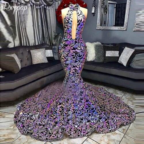 2020 Sparkly Long Prom Dresses Mermaid Halter Bling Sequin African Black Girl Elegant New Prom Dress