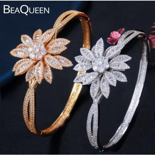 BeaQueen Brilliant AAA+ Cubic Zirconia Big 3D Geometric Coconut Tree Flower Statement Bangles for Women Dubai Gold Jewelry B180