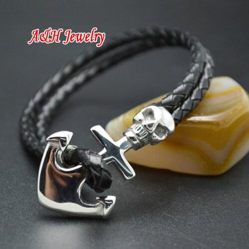 10pcs Skull Hand & Anchor Charms Bangles High Quality Stainless Steel Fashion Men Genuine Leather Bracelets Birthday Gift