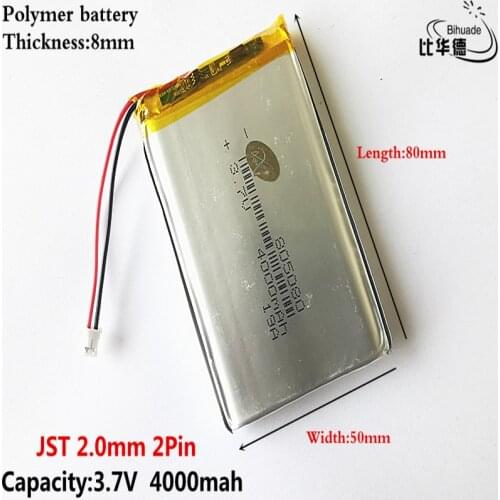 JST 2.0mm 2Pin Good Qulity 3.7V,4000mAH 805080 Polymer lithium ion / Li-ion battery for tablet pc BANK,GPS,mp3,mp4
