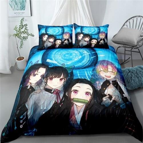 3 Pieces Demon Blade Bedding Set Demon Slayer Duvet Cover 3D Print Japan Cartoon Anime Bed Quilt Cover Pillowcase (No Sheets)