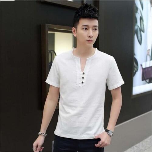 Linen Brand T Shirt Men Fashion Casual Slim V Neck Short Sleeve Cotton Fitness White Tshirt Pullover Summer Plus Size M-5XL