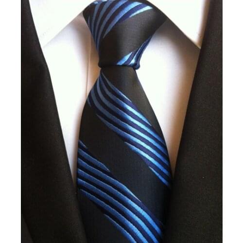 8cm Fashion Ties for Men Black with Blue Wave Stripes Necktie