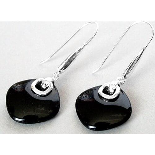 FASHION 925 SILVER NATURAL BLACK AGATE EARRINGS 14/5"