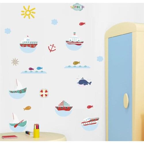 Cartoon Fish Boat Sea Wall Stickers Home Decoration Kids Room Bedroom Mural Art Diy Scenery Wall Decal