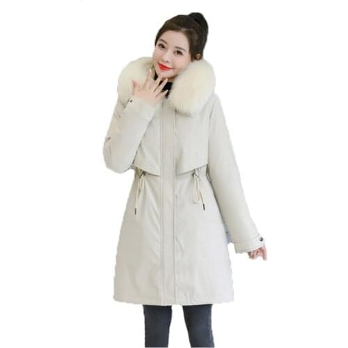 New Women Plus Size Parkas Coat 2021 New Korean Style Hooded Big Fur Collar Slim Fit Khaki Beige Blue Warm Down Padded Coat N988