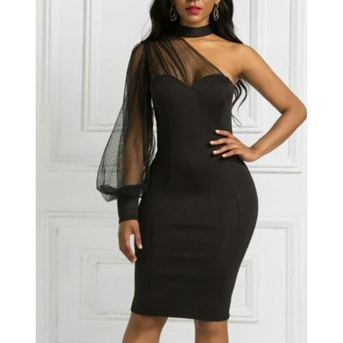 Sexy One Shoulder Black Dress Mesh Long Sleeve Slim Fit Party Women Bodycon Vestidos Vintage Event Backless Celebrate Outfits