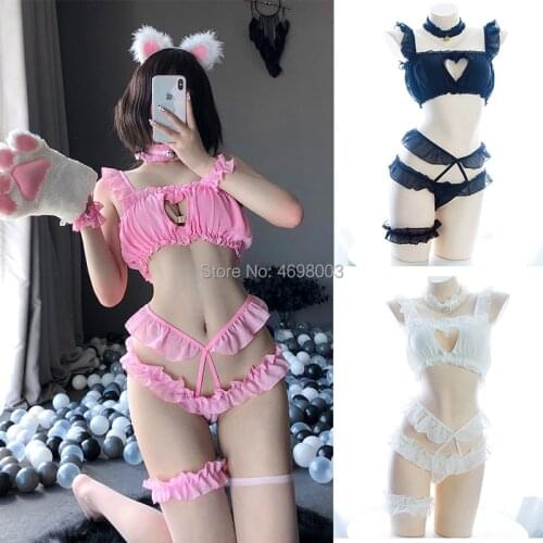 Sexy Cat Pierced Kawaii Women Underwears Brief Set Lovely Cartoon Bra Lingerie japanese lingerie sexy police sex skirt