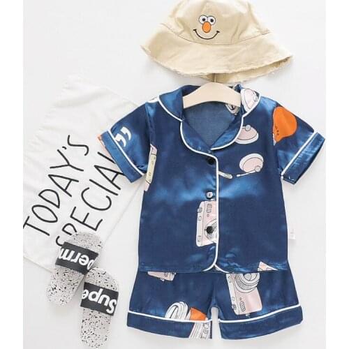 Boys Silk Pajamas Sets Deer Cartoon Print Satin Tops Pant Spring Summer Short Sleeve Sleepwear Nigthwear Comfort Girl Clothing